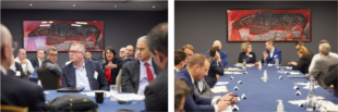 Two images side by side. The left image shows groups of delegates discussing around tables. The right image shows a group of delegates sitting at a long table and chatting.